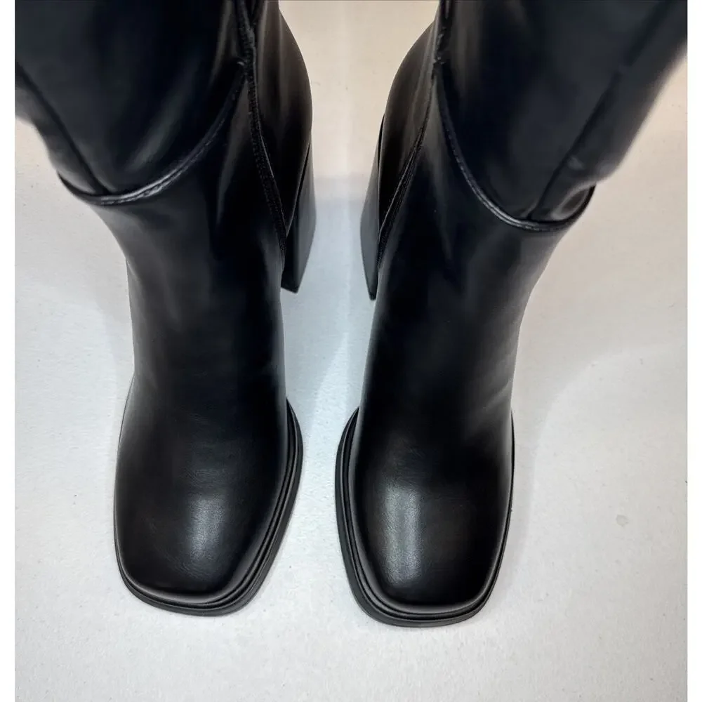 Cellenz Women Knee High Platform Boots Chunky Block Heel Square Toe Black Size 9